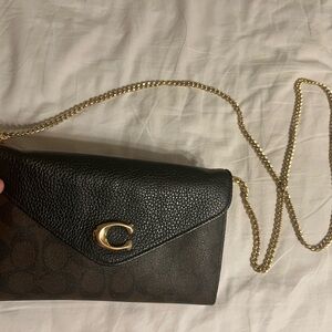 Coach Black and Brown Clutch with Gold Chain